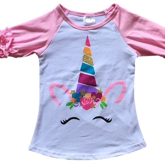 3 PCS Little Girls Kids Unicorn Polka Dot Rainbow Shirt Top Tee Tshirt Set New - Picture 6 of 8